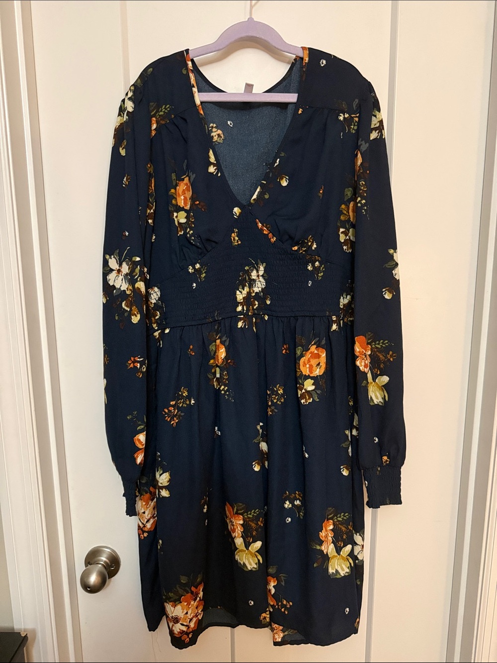 Xhilaration Navy Floral V-Neck Long Sleeve Dress with Orange and Cream Blooms